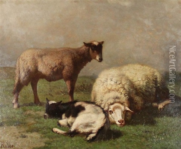 Sheep And Goat In A Landscape Oil Painting - Louis Robbe