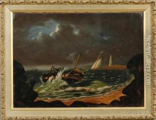 Shipwreck Off A Rocky Coast With Distant Lighthouse. Oil Painting - Thomas Chambers