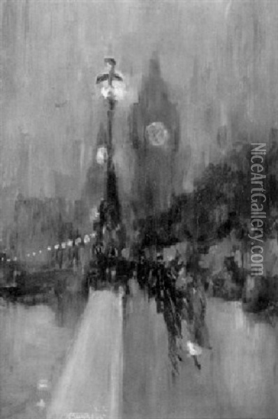 Figures On The Embankment With Big Ben And The Palace Of Westminster Beyond Oil Painting - William Monk