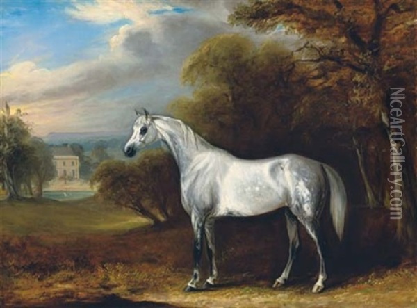 A Grey Arabian In A Landscape, With The South Front Of Hollin Hall, North Yorkshire Beyond Oil Painting - John E. Ferneley