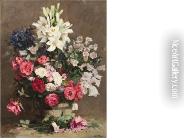 A Bouquet Of Roses And Lilies Oil Painting - Eugene Petit