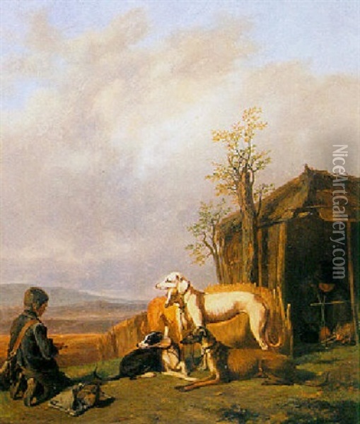 A Boy With His Dogs In A Landscape Oil Painting - Guillaume Anne Van Der Brugghen