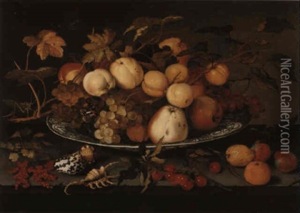 Still Life Of Fruit And Other Items On A Marble Ledge Oil Painting - Balthasar Van Der Ast