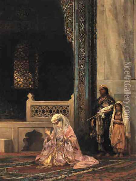 Turkish Lady Praying in the Green Mosque, Bursa Oil Painting - Stanislaus von Chlebowski