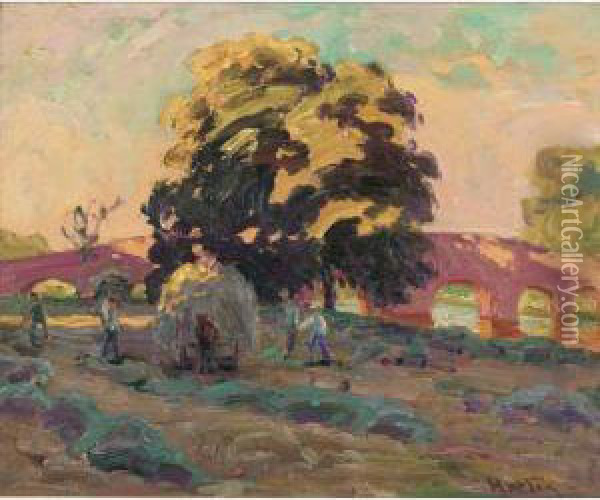 Haymakers- A Tree And A Red Bridge Somewhere In England Oil Painting - William Samuel Horton