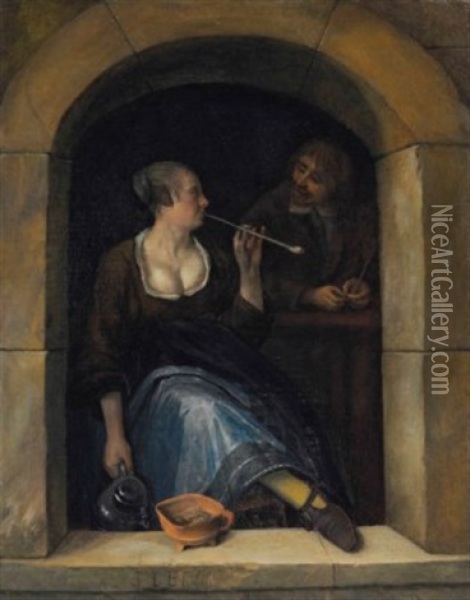 A Woman And A Man Smoking, Viewed Through An Open Archway Oil Painting - Jan Steen