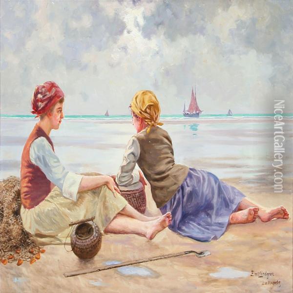 Fishing Girls On A Beach At The English Channel In France Oil Painting - Emil Lindgren