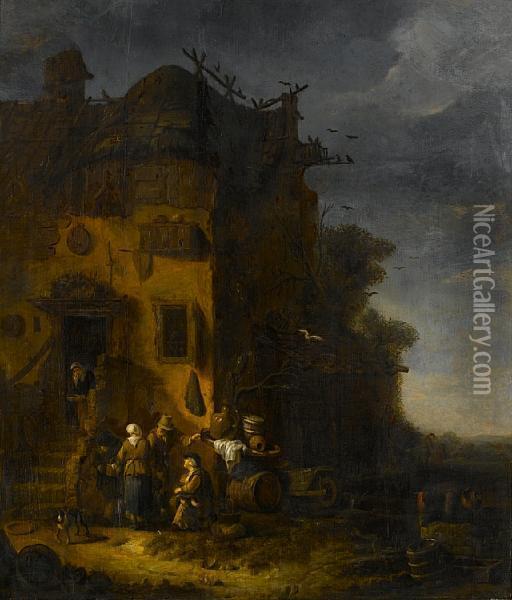 A Peasant Family Before A Farmhouse Oil Painting - Egbert van der Poel
