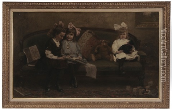 Three Girls Reading And Holding A Cat On A Sofa Oil Painting - James Brade Sword