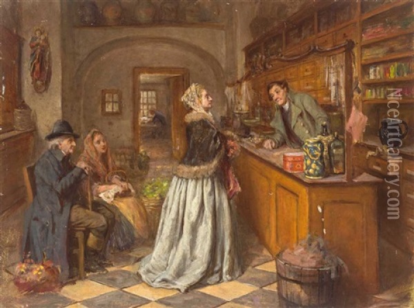 Blick In Eine Apotheke Mit Wartenden Kunden Und Apotheker Oil Painting - Anna Maria Wirth