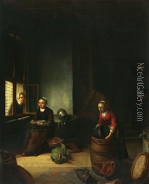 Geschaftige Magd Lauscht Dem Gesprach Zweier An Einem Fenster Parlierenden Frauen Zu Oil Painting - Jacob Pieter van den Bosch