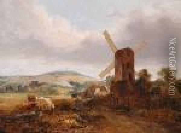 Cattle Grazing Before A Windmill In An Extensive Landscape Oil Painting - George Vincent