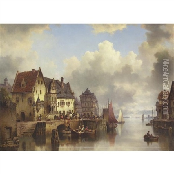 Ships In Harbor Oil Painting - Ludwig Hermann