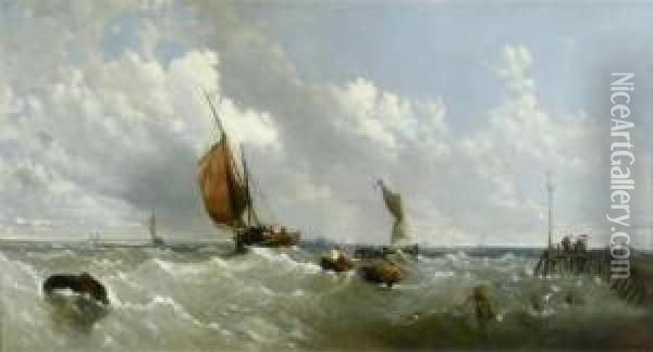 Fishing Boats Off A Pier Oil Painting - James M., Meadows Snr.