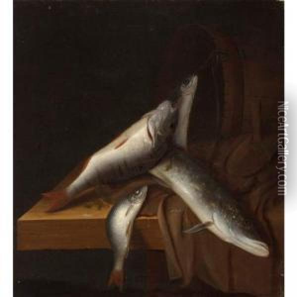 A Still Life With Freshwater Fish On A Wooden Draped Ledge, A Barrel Beyond Oil Painting - Jakob Gillig