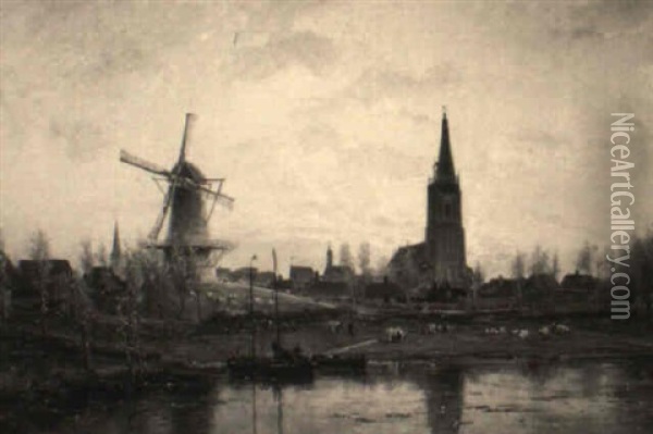 A View Of A Dutch Town At Sunset Oil Painting - Cornelis Christiaan Dommelshuizen