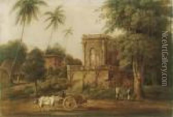 An Oxen Cart Below A Mausoleum Oil Painting - George Chinnery