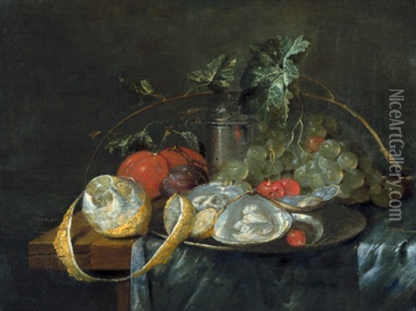 Stilleben Mit Austern, Trauben Und Einer Geschalten Zitrone Oil Painting - Guilliam van Deynum