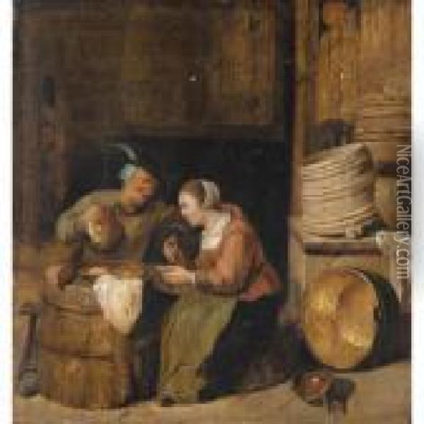 An Interior Scene With Two Peasants Eating Herrings And Drinking Oil Painting - Hendrick Maertensz. Sorch (see Sorgh)