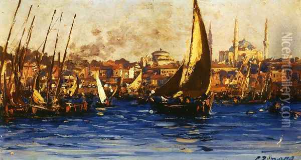 The Port of Istambul Oil Painting - Fausto Zonaro