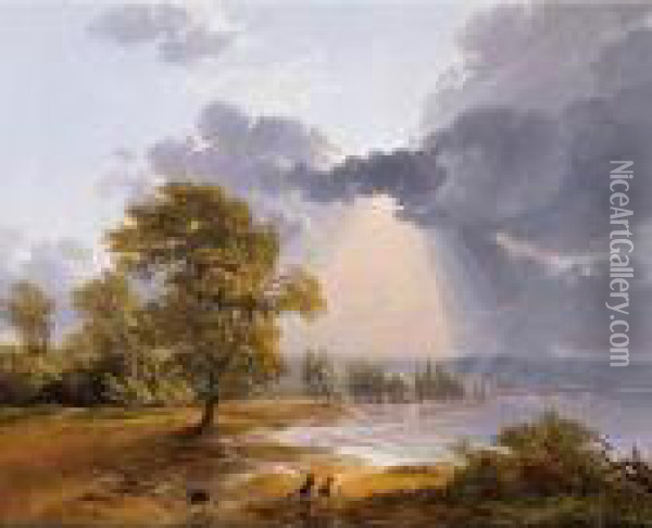 A River Landscape With An Approaching Storm, Figures Running In The Foreground Oil Painting - Simon-Joseph-Alexandre-Clement Denis