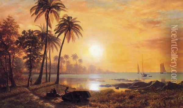 Tropical Landscape With Fishing Boats In Bay Oil Painting - Albert Bierstadt