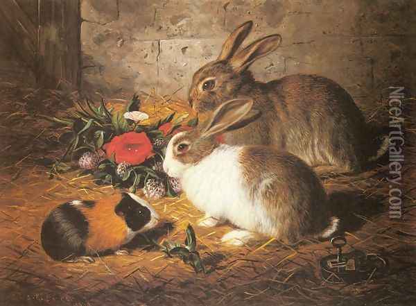 Escaped: Two Rabbits and a Guinea Pig Oil Painting - Alfred R. Barber