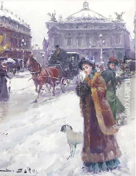 Figures in the snow before the Opera House, Paris 2 Oil Painting - Joan Roig Soler
