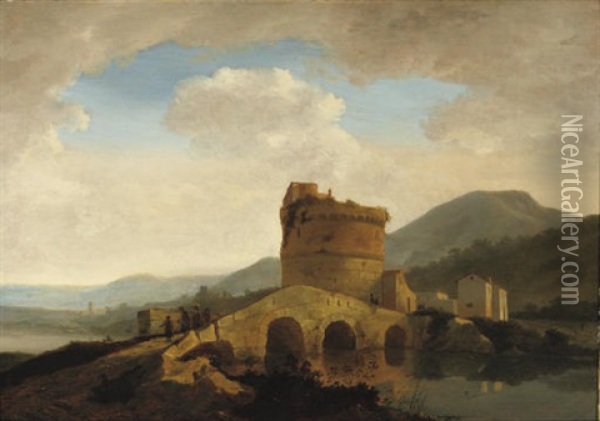 An Italiante River Landscape With The Anio Bridge Near The Memorial Of Plautii Oil Painting - Adriaen van Eemont