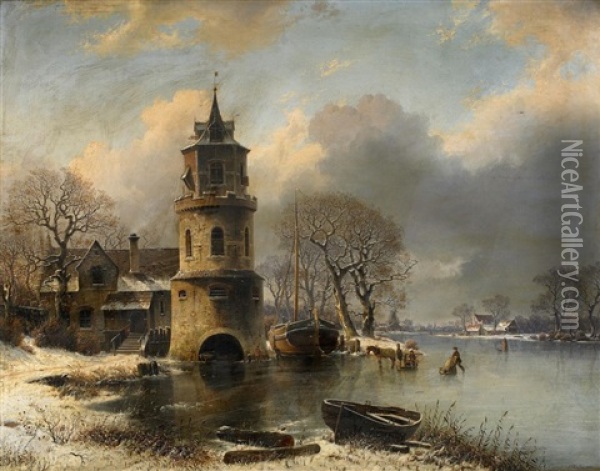 Wintertag Am Kanal Oil Painting - Johannes Bartholomaeus Duntze