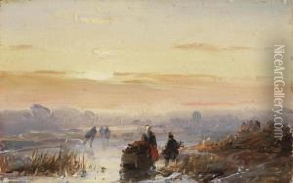 A Winter Landscape With Figures At Dusk Oil Painting - Andreas Schelfhout