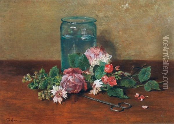 Stillleben Mit Blumen, Schere Und Glas Oil Painting - Francois Adolphe Grison