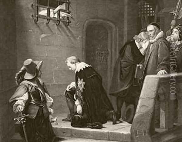 Thomas Wentworth 1st Earl of Strafford is blessed by Archbishop Laud on the way to his execution Oil Painting - Hippolyte (Paul) Delaroche