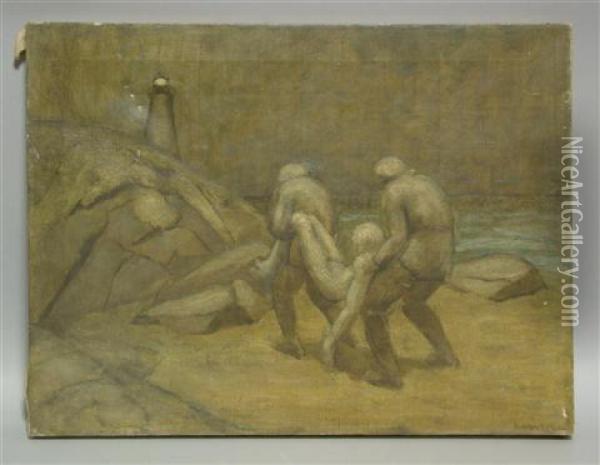 Figures On The Shore At Night Oil Painting - Van'T Adrianus Johannes Hoff