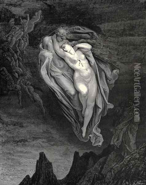 The Inferno, Canto 5, lines 72-74: 'Bard! willingly I would address those two together coming, Which seem so light before the wind.' Oil Painting - Gustave Dore