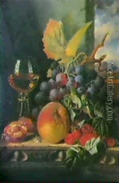 Still Life With Grapes, Raspberries, Peaches And A Glass On A Ledge, Showing A Landscape Beyond Oil Painting - Edward Ladell