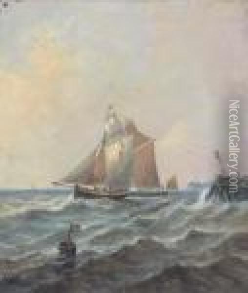 Fishing Schooners Coming Out Of Port Oil Painting - John Moore Of Ipswich
