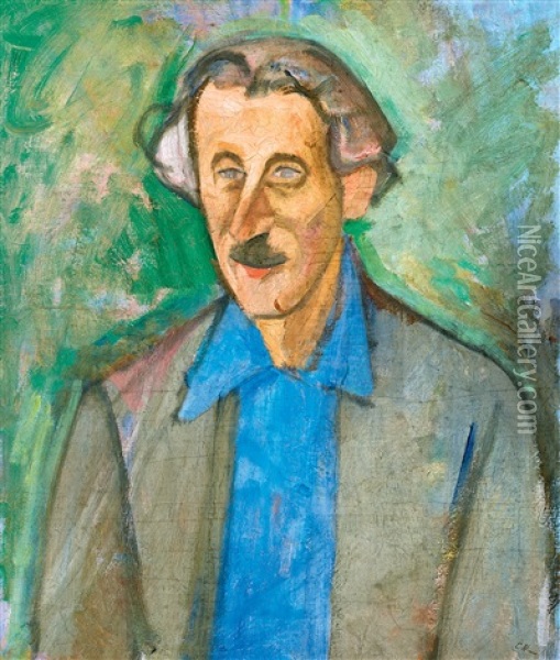 Man In A Blue Shirt Oil Painting - Dezsoe Czigany