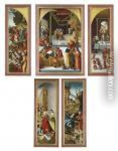A Triptych: The Central Panel: 
Christ Among The Doctors; The Wings: The Multiplication Of The Loaves 
And Fishes; And The Marriage At Cana; The Outer Faces: Saint Elizabeth 
Of Thuringia Giving Alms; And The Nativity Oil Painting - Lucas The Elder Cranach