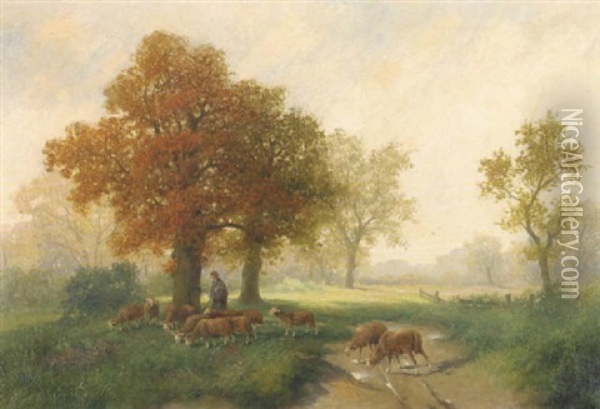 Hirte Mit Schafen In Herbstlicher Parklandschaft Oil Painting - Adolf Kaufmann