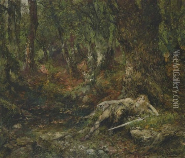 Der Junge Siegfried Im Wald An Einer Quelle Oil Painting - Ferdinand Leeke