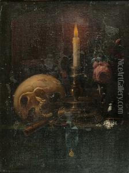 Still Life Of A Candle, Glass, Skull, A Medal On A Ribbon And Flowers On A Table Top Oil Painting - Franciscus Gysbrechts