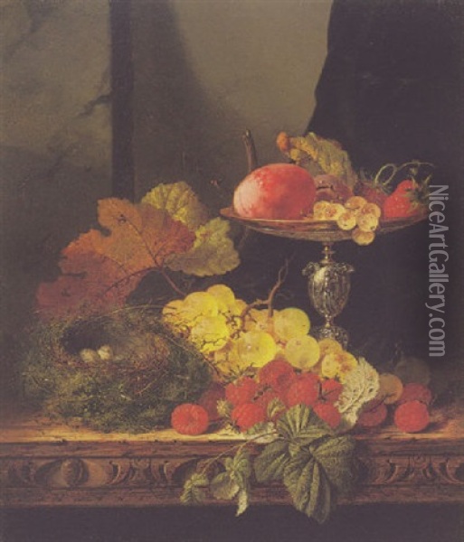 Still Life With Fruit And A Bird's Nest Oil Painting - Edward Ladell