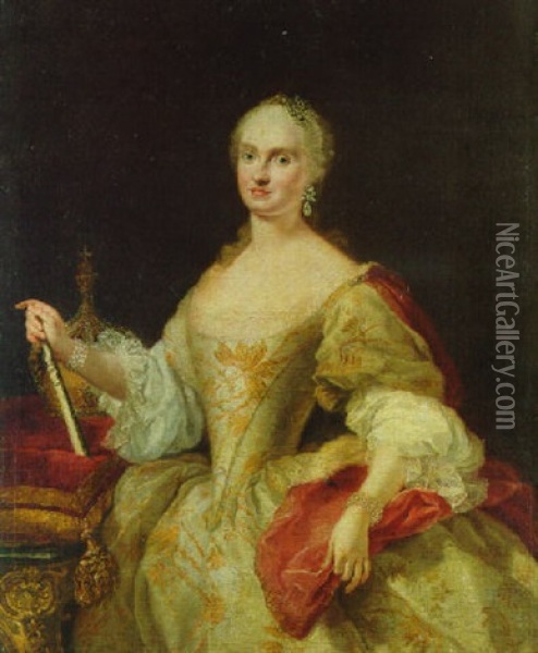 Portrait Of A Lady, Three-quarter-length, In A White Brocade Dress, Holding A Fan, A Crown Beside Her Oil Painting - Martin van Meytens the Younger