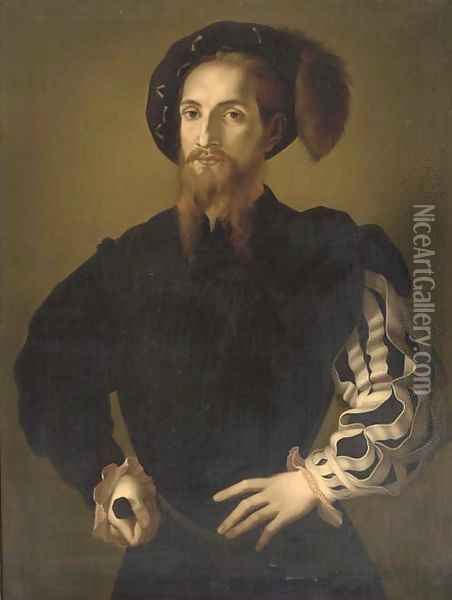 Portrait of a gentleman, half-length, in a plummed hat, a sword in his right hand Oil Painting - (Jacopo Carucci) Pontormo