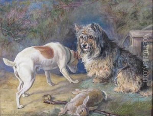Terriers And A Ferret Guardingtheir Quarry Oil Painting - David George Steell