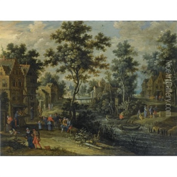 A Village Street In A Wooded Landscape With Villagers Drinking Outside An Inn, Other Figures On A Path Along The Riverside, An Elegant Company Halting Near A Ferry Boat Oil Painting - Peter Gysels