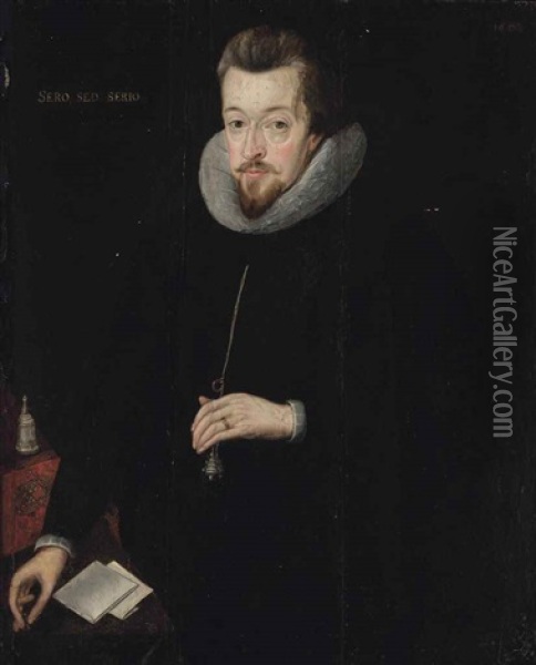 Portrait Of Robert Cecil, 1st Earl Of Salisbury (1563-1612), Half-length, In A Black Doublet And White Ruff, His Left Hand Holding A Pomander, His Right Hand Holding A Seal Oil Painting - John Decritz the Elder