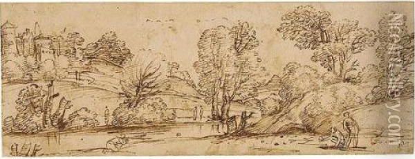 Landscape With Men Bowling Oil Painting - Annibale Carracci