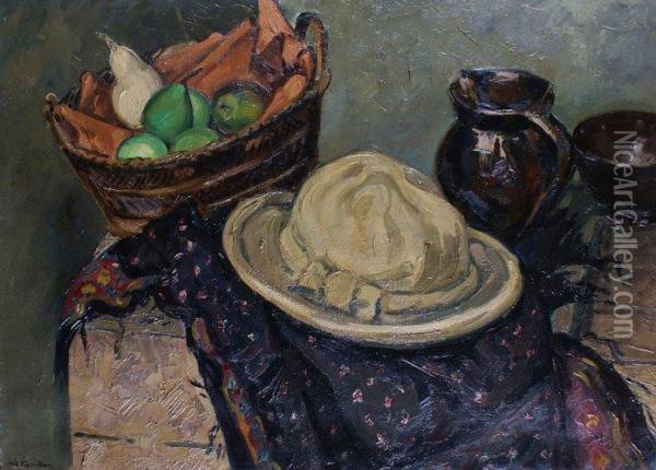 Nature Morte Au Panier De Fruits Et Au Chapeau Oil Painting - Roger Grillon